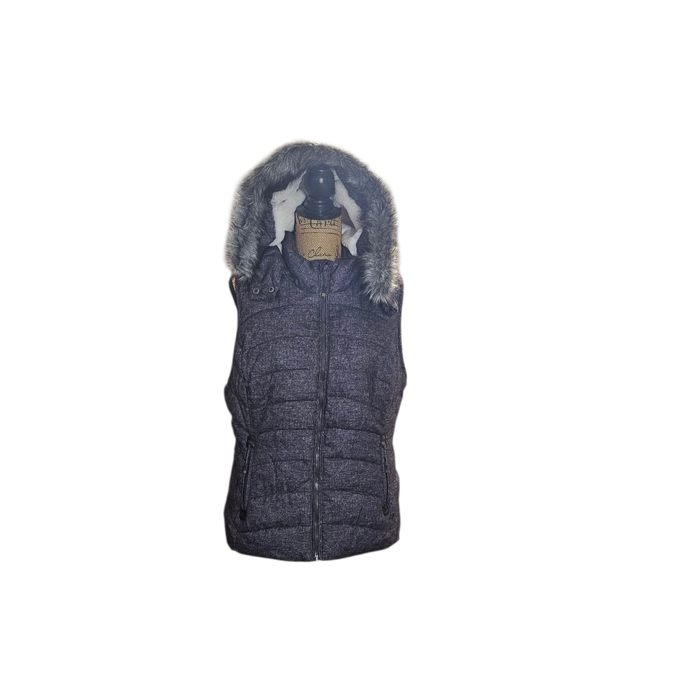 GreenTea Women's Black Hooded Vest with Faux Fur